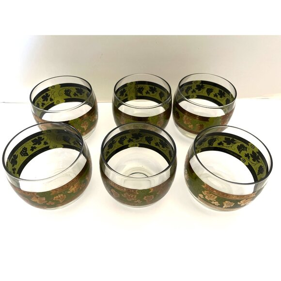 Vintage Cera Glass 1960”s  Golden Grapes Green Roly Poly 22K  Gold Leaf Barware - Picture 2 of 8
